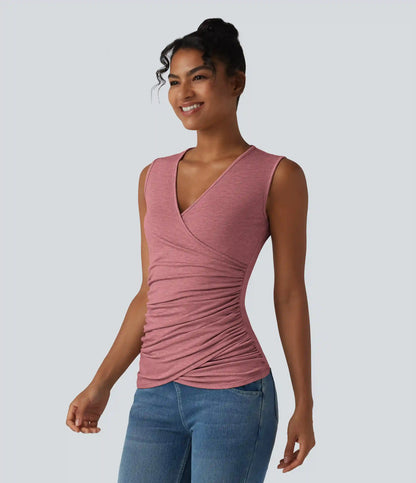 V Neck Crossvoer Ruched Casual Tank Top