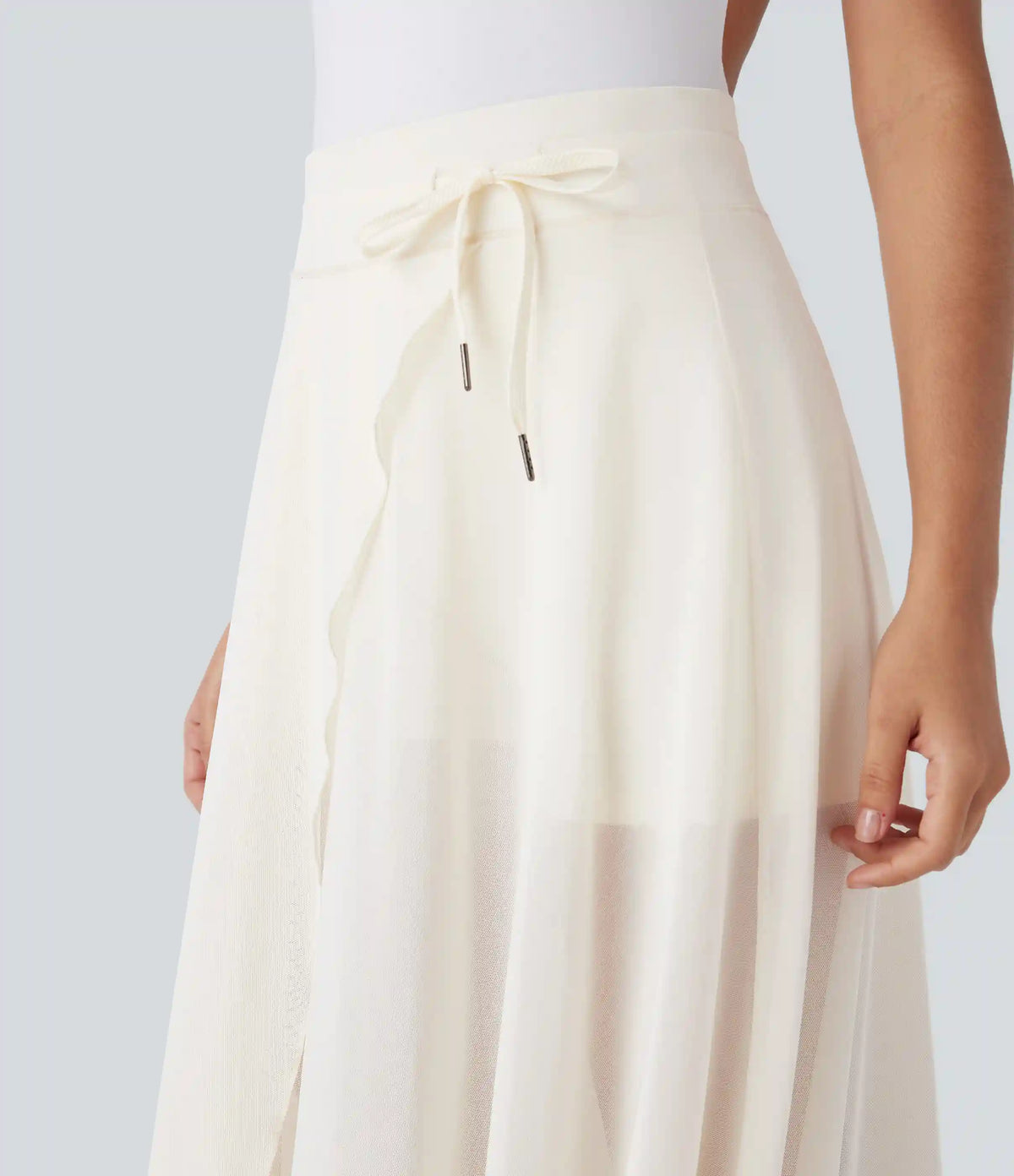 High Waisted Drawstring Contrast Mesh 2-in-1 Pocket Flowy Midi Flare Casual Skirt