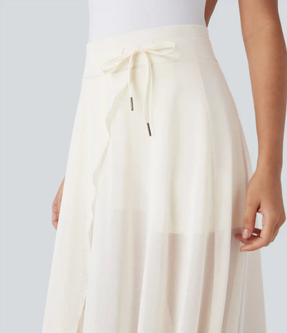 High Waisted Drawstring Contrast Mesh 2-in-1 Pocket Flowy Midi Flare Casual Skirt