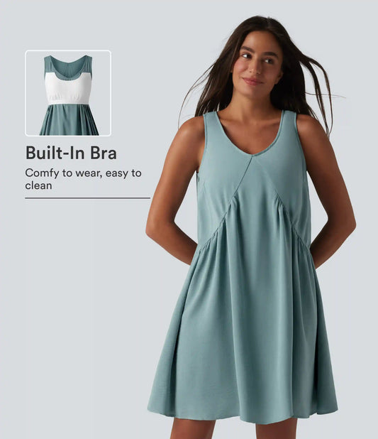 V Neck Built-in Bra Sleeveless Mini Linen-Feel Dress