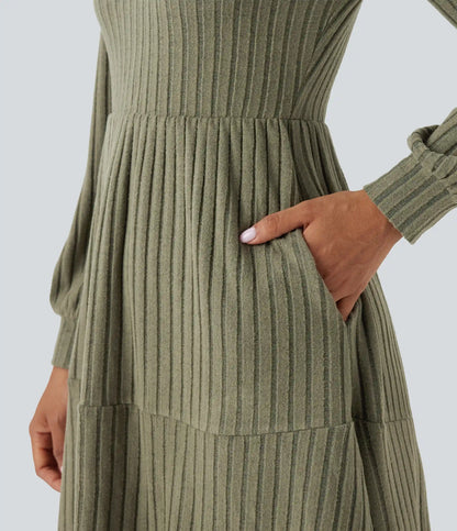 Ribbed Knit Square Neck Puff Long Sleeve Casual Dress with Pockets