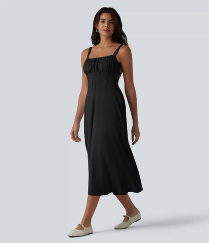 Crisscross Backless Square Neck Sleeveless Ruched Built-in Bra Midi Resort Flowy Milkmaid Dress