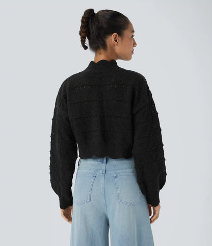 Mock Neck Bishop Sleeve Scallop Hem Open Knit Casual Sweater