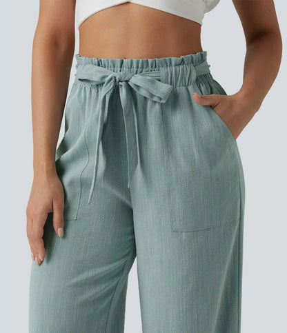 High Waisted Lettuce Trim Belted Straight Leg Casual Linen-Feel Pants with Pockets
