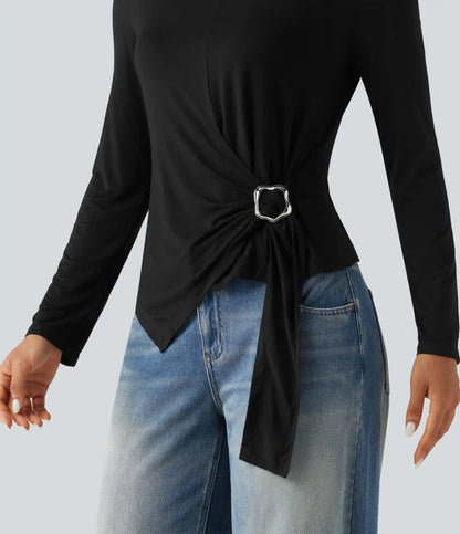 Boat Neck Long Sleeve Tie Side Uneven Hem Casual T-Shirt