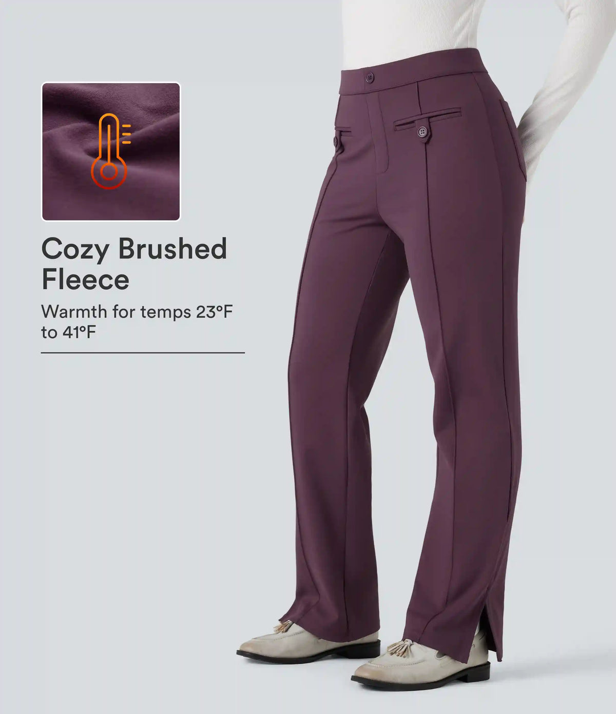 SoftlyZero™ Plush Thermal Mid Rise Split Hem Straight Leg Work Pants with Pockets