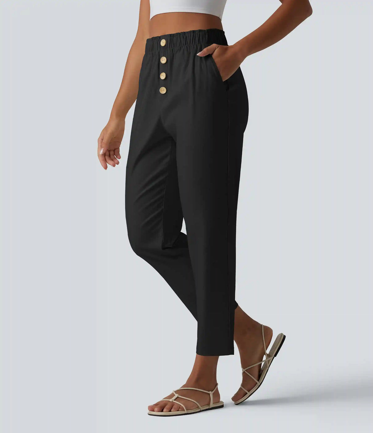 High Waisted Tapered Casual Cotton Linen Pants with Pockets
