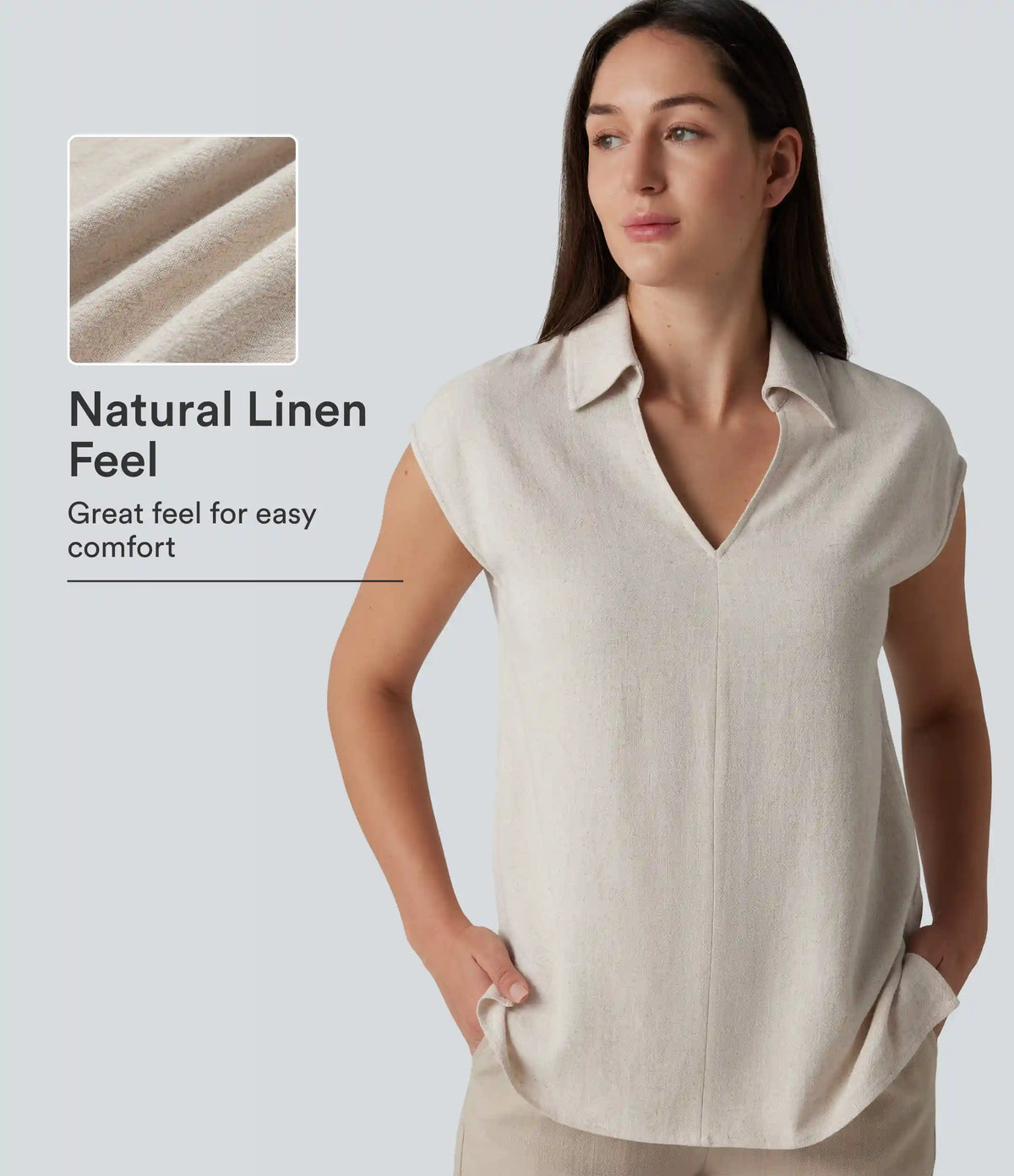 V-neck Sleeveless Split Hem Work Linen-Blend Blouse
