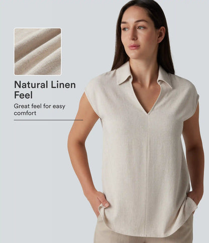 V-neck Sleeveless Split Hem Work Linen-Blend Blouse