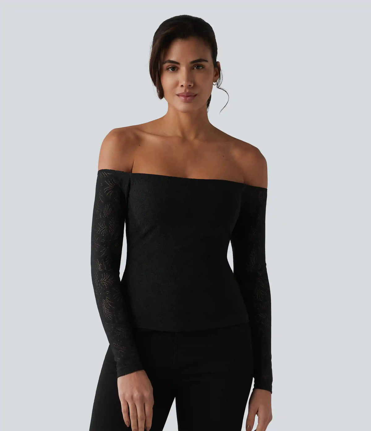 Off Shoulder Built-in Bra Long Sleeve Lace Casual Top