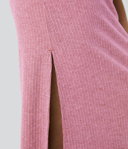 Ribbed High Waisted Hem A Line Maxi Casual Skirt