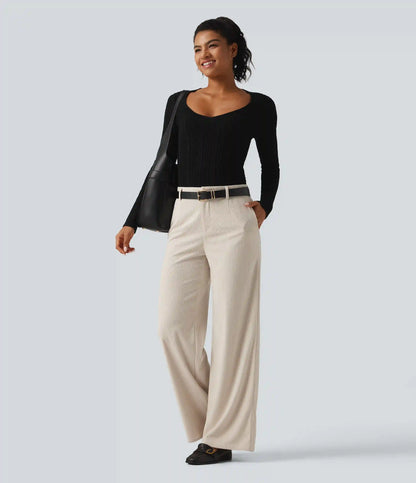 Mid Rise Wide Leg Corduroy Casual Pants with Pockets