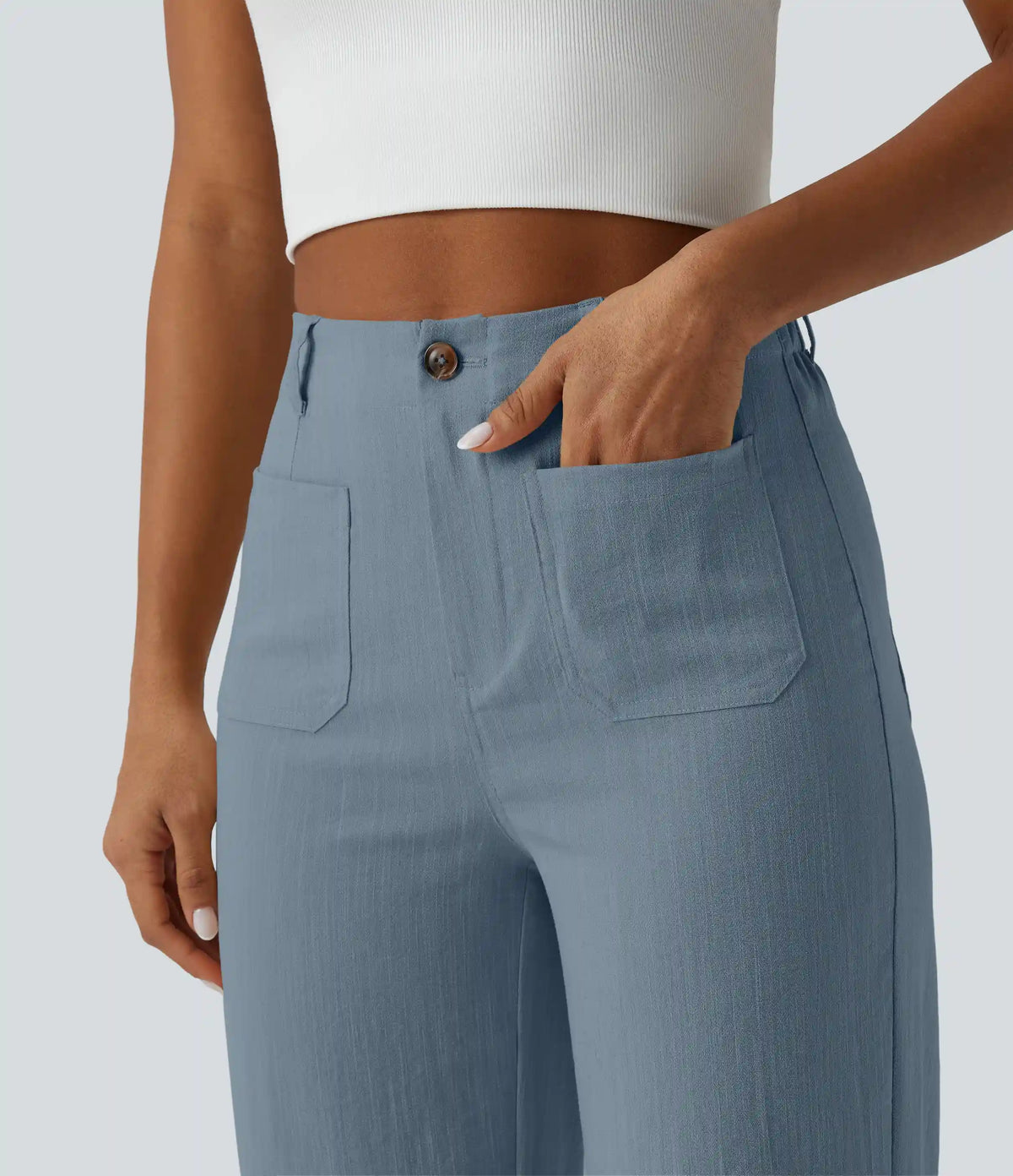 High Waisted Straight Leg Casual Linen-Feel Pants with Pockets