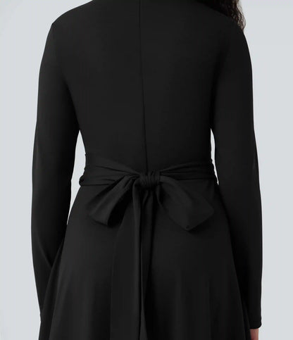 Cut Out Long Sleeve Tie Back Midi Work Dress with Pockets
