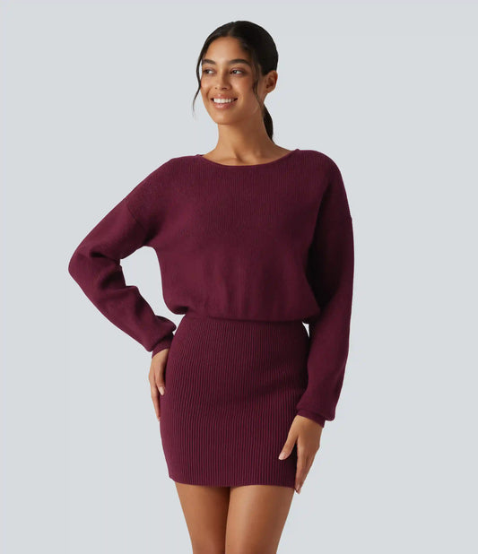 Boat Neck Long Sleeve T Type Bodycon Mini Casual Sweater Dress