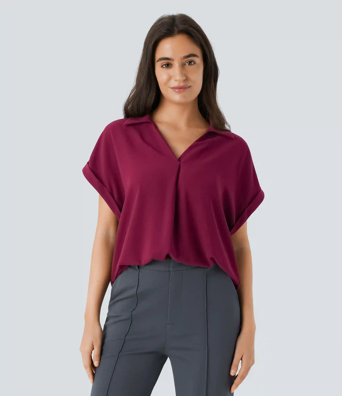 V Neck Short Sleeve Curved Hem Work Shirt