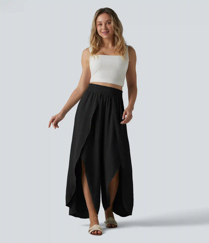 High Waisted Flowy Wide Leg Casual Linen-Feel Pants