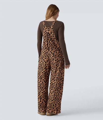 Leopard Print Waffle Casual Overalls with Pockets