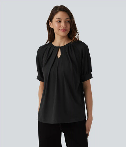 Round Neck Short Sleeve Casual Blouse-Front and Back Wearable