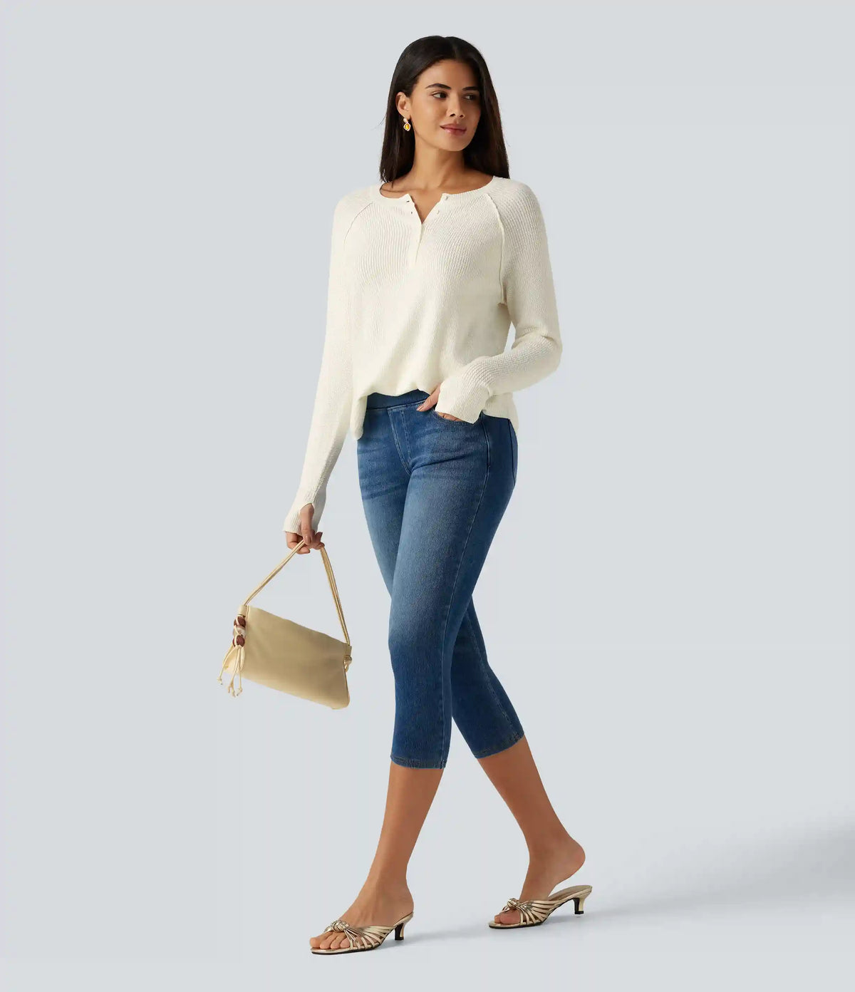 Henley Neck Long Sleeve Thumb Hole Curved Hem Casual Sweater