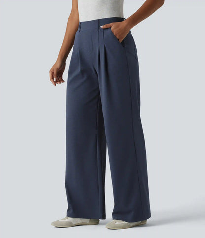 Mid Rise Wide Leg Waffle Casual Pants with Pockets