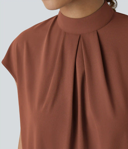 Stand Collar Back Cap Sleeve Work Blouse