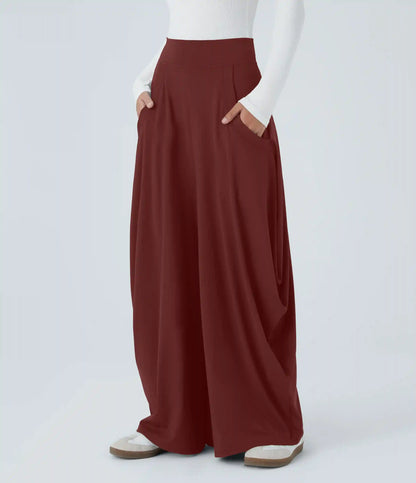 Mid Rise Pockets Draped Wide Leg Baggy Casual Pants
