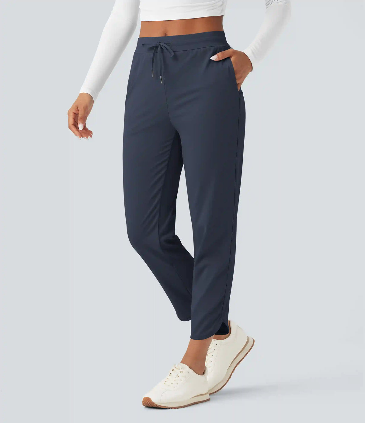 Mid Rise Drawstring Curved Hem Quick Dry Golf Tapered Pants with Pockets-UPF40+