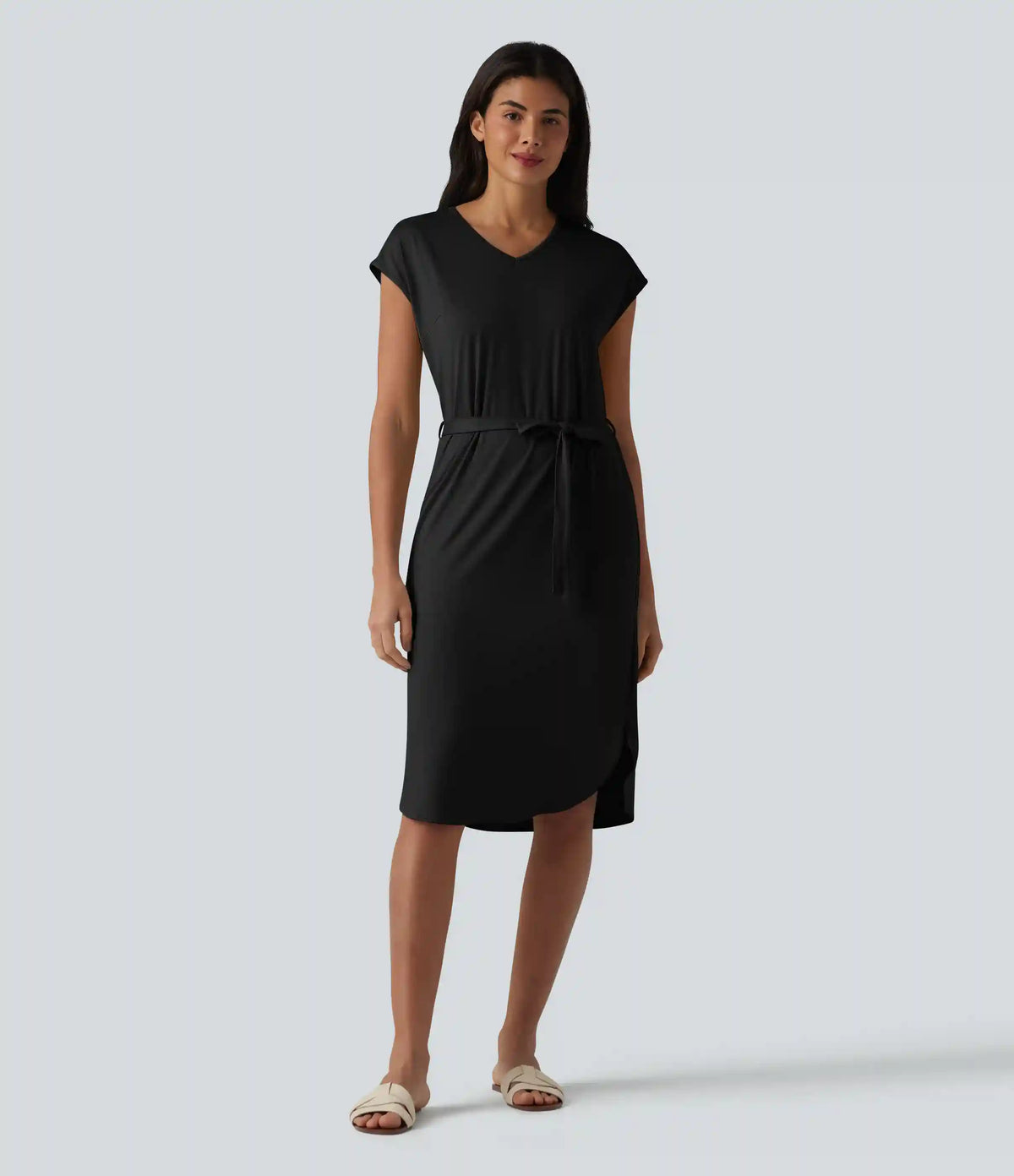 V-neck Short Sleeve Belted Curved Hem Casual T-Shirt Dress