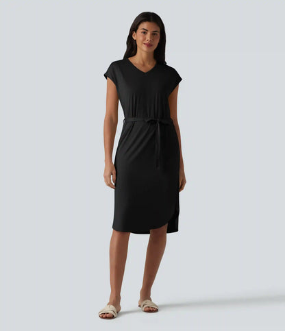 V-neck Short Sleeve Belted Curved Hem Casual T-Shirt Dress