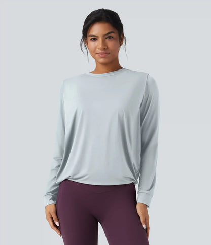 Round Neck Long Sleeve Ruched Yoga Sports Top-UPF50+