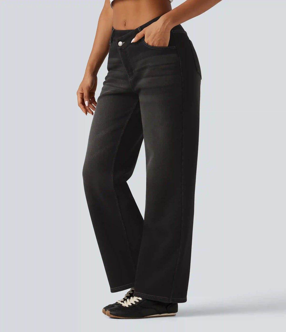 Mid Rise Asymmetric Straight Leg Fleece Casual Jeans with Pockets