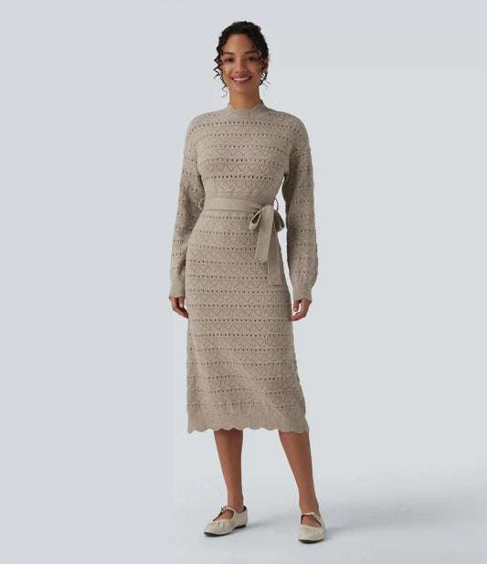 Long Sleeve Belted Midi Casual Sweater Dress