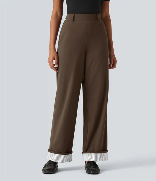 DayStretch High Waisted Straight Leg Stripe Rolled Hem Casual Pants with Pockets