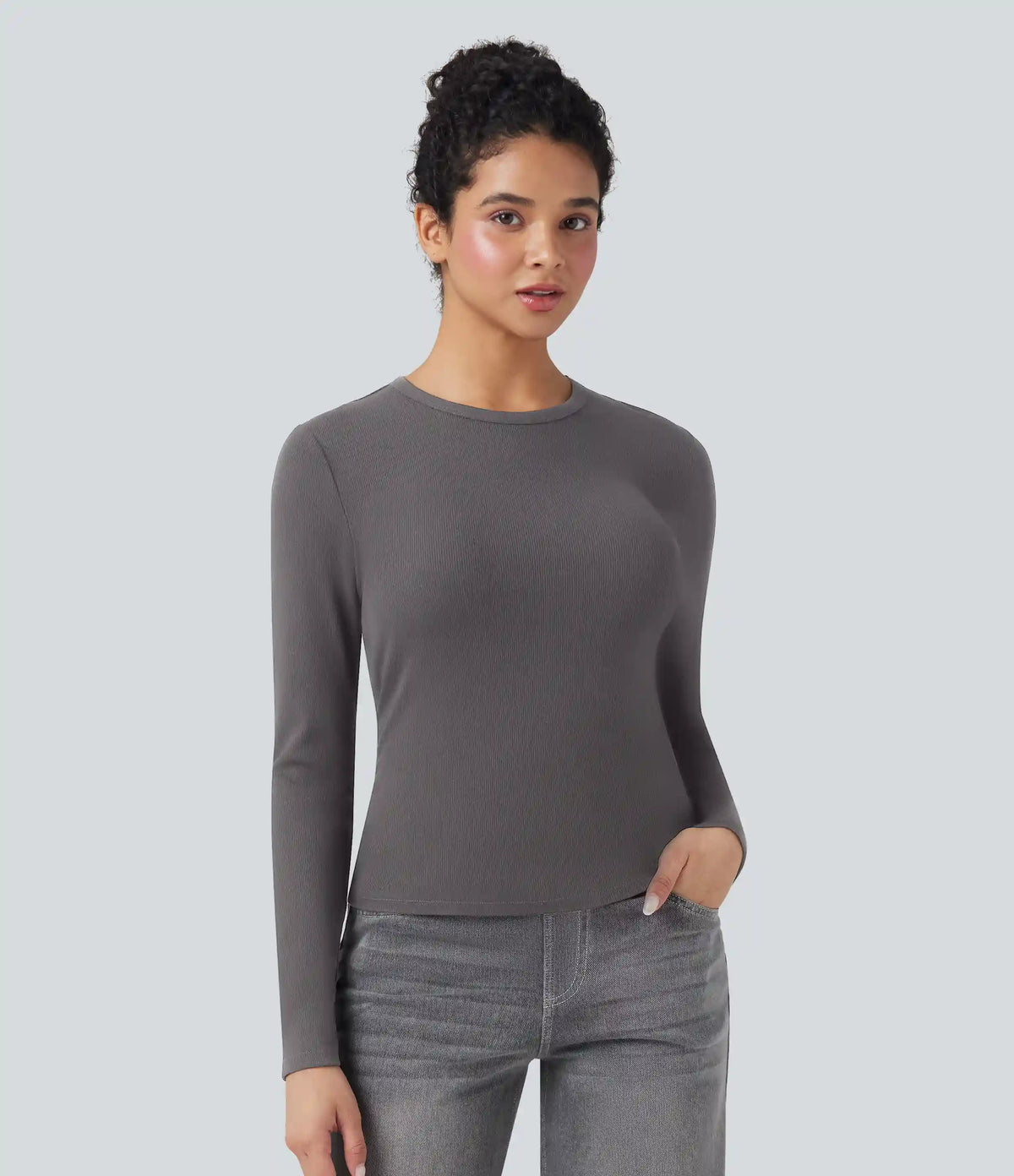 Ribbed Knit Round Neck Long Sleeve Casual Top