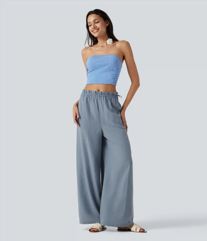 Frill Trim Mid Rise Drawstring Casual Linen-Blend Baggy Flowy Pants with Pockets
