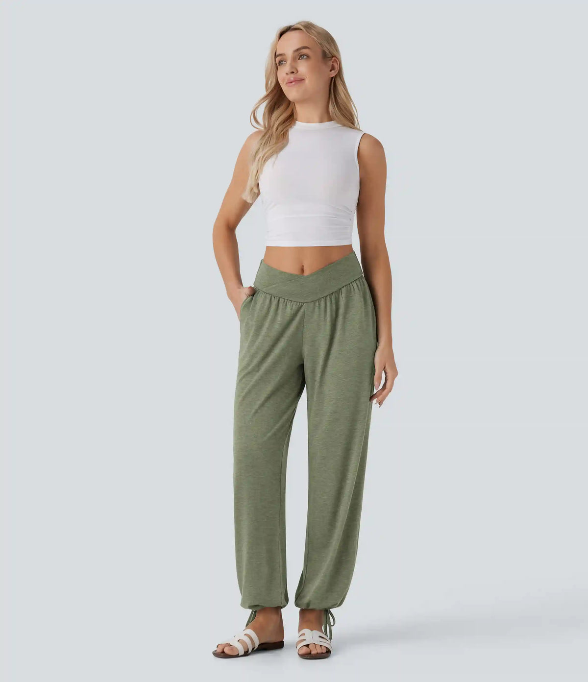 Crossover High Waisted Pocket Drawstring Casual Joggers