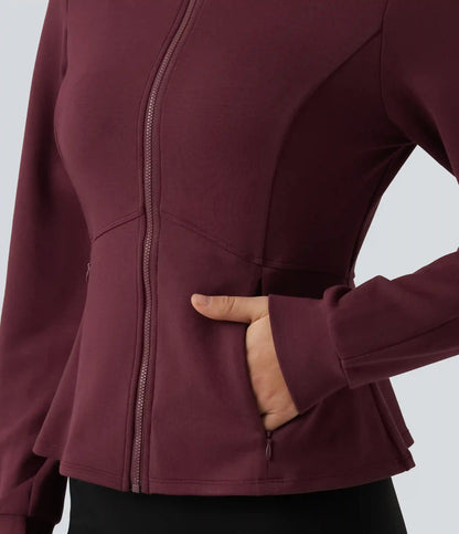SpacerTek™ Stand Collar Zip Fly Long Sleeve Ruffle Hem Yoga Jacket with Pockets