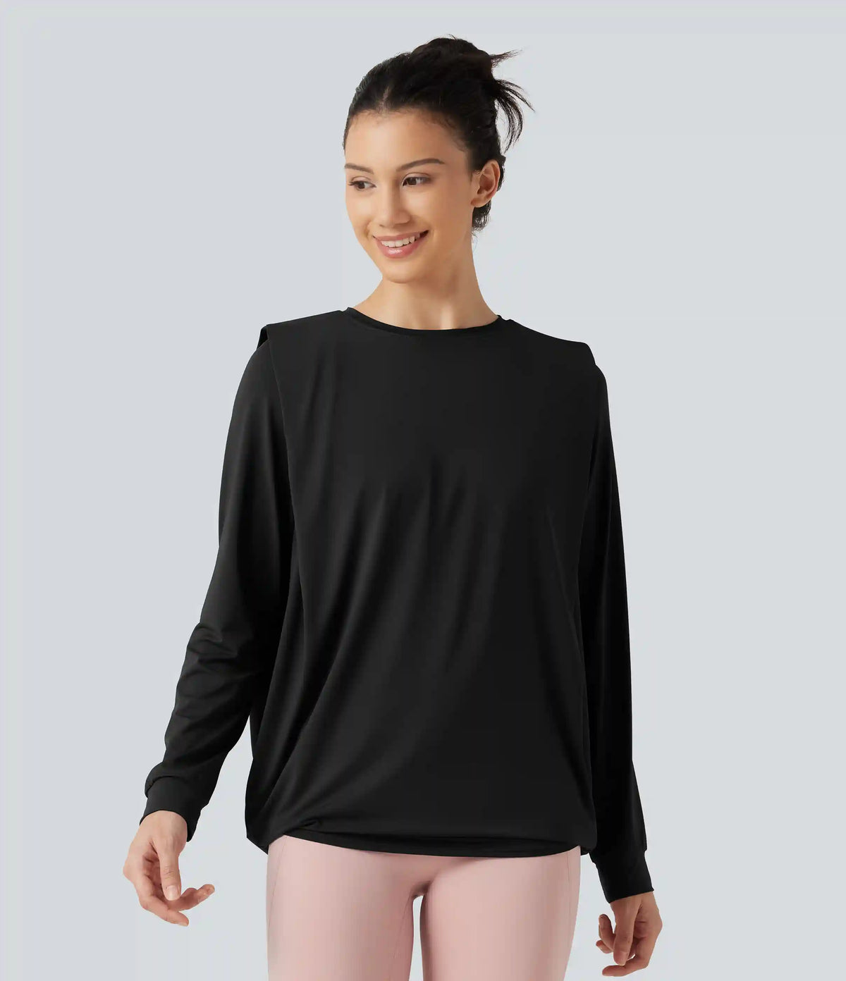 Round Neck Long Sleeve Ruched InstantCool Yoga Sports Top-Longer Length-UPF50+