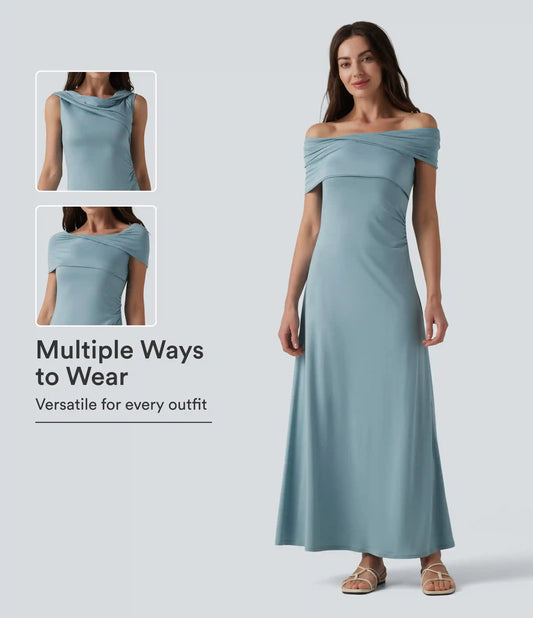 Off-shoulder Ruched Tie-back Maxi Casual Dress