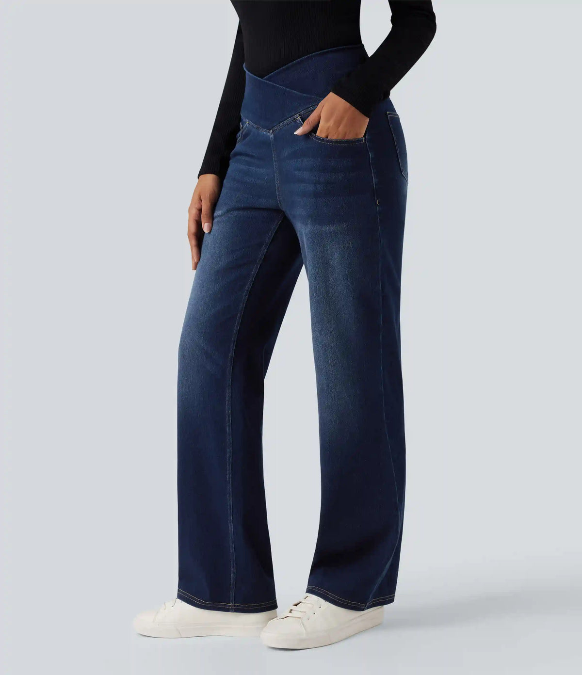 Halara Flex™ Crossover High Waisted Tummy Control Casual Straight Leg Jeans with Pockets