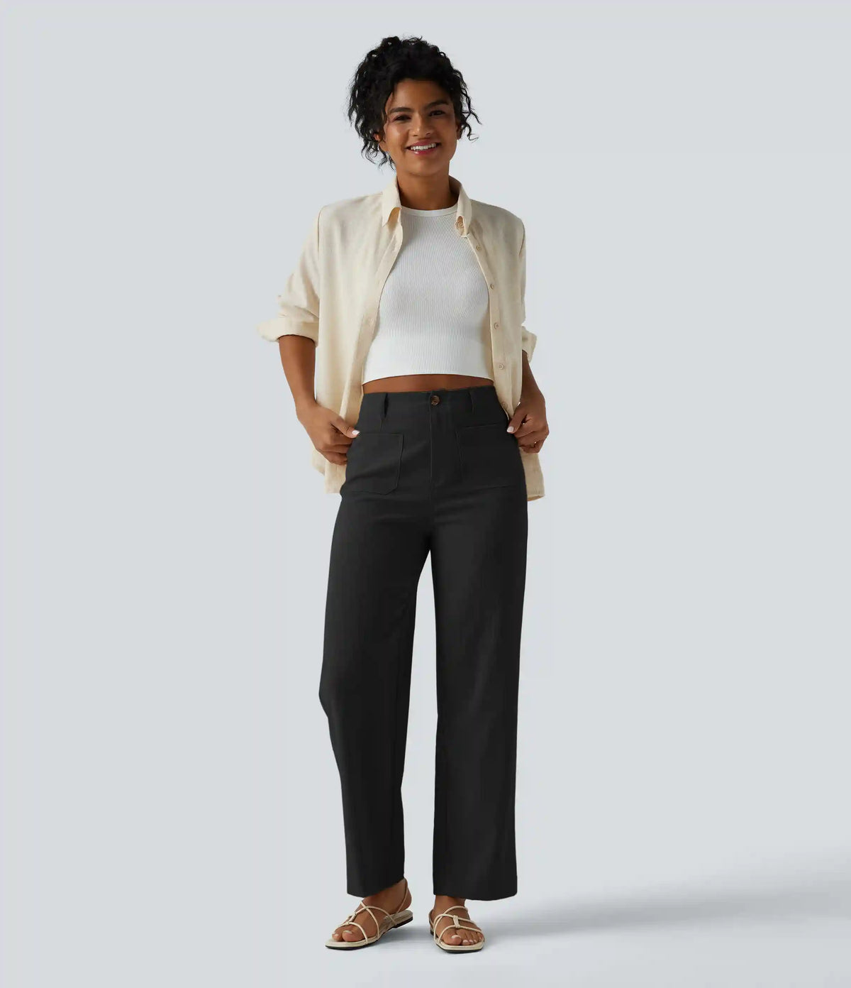 High Waisted Straight Leg Casual Linen-Feel Pants with Pockets