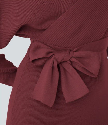 Crossover V Neck Batwing Long Sleeve Belted Mini Casual Sweater Dress