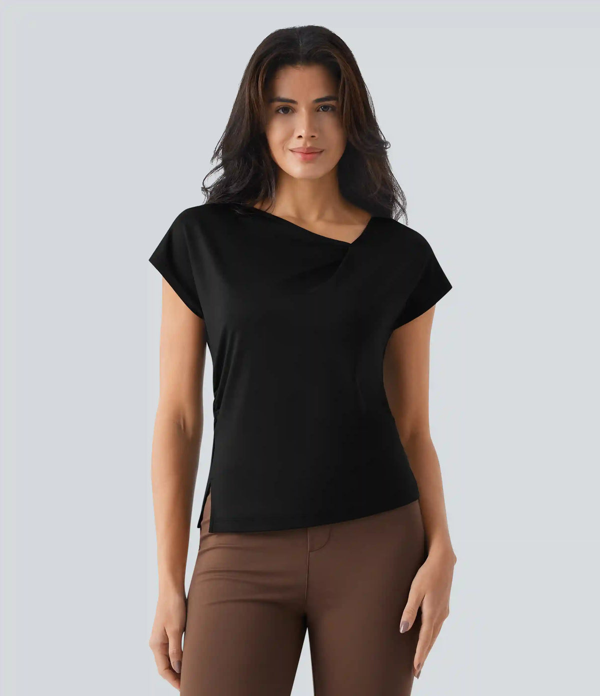 Asymmetric Cowl Neck Short Sleeve Ruched Split Hem Work Blouse