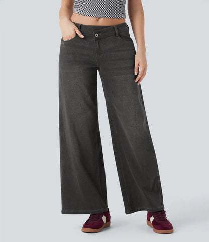 Halara Flex™ Asymmetric Low Rise Zipper Pockets Baggy Wide Leg Washed Casual Jeans
