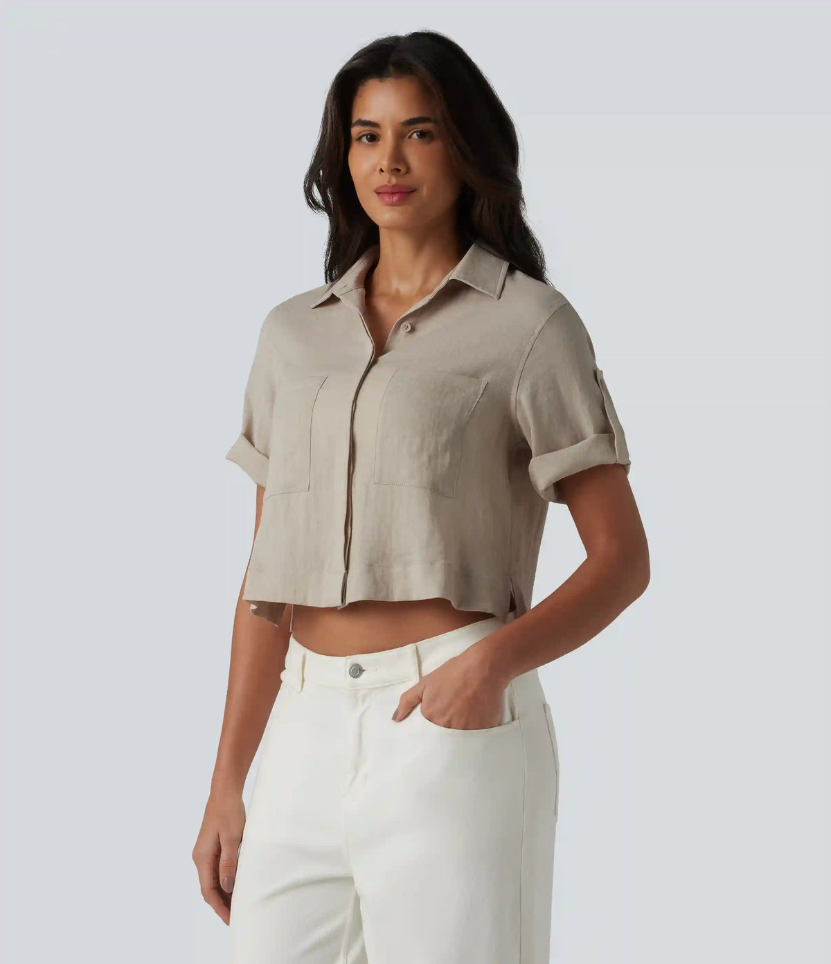 Roll Up Short Sleeve Cropped Casual Linen-Blend Shirt with Pockets