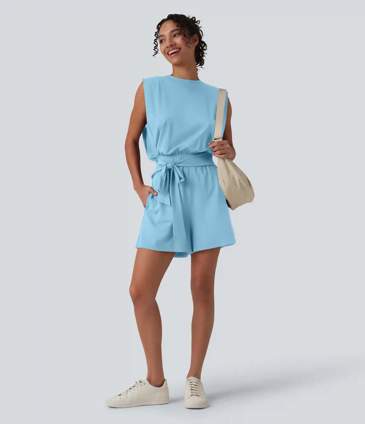 Round Neck Sleeveless Tie-front Cool Touch Casual Romper with Pockets-Easy Peezy-UPF50+