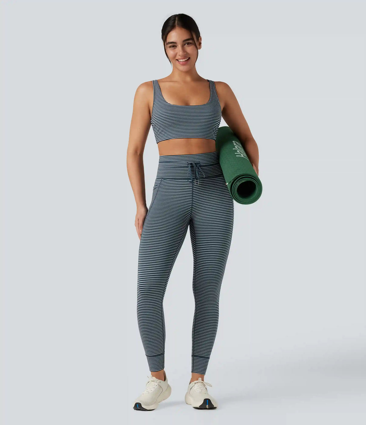 High Waisted Drawstring Striped Yoga Leggings with Pockets