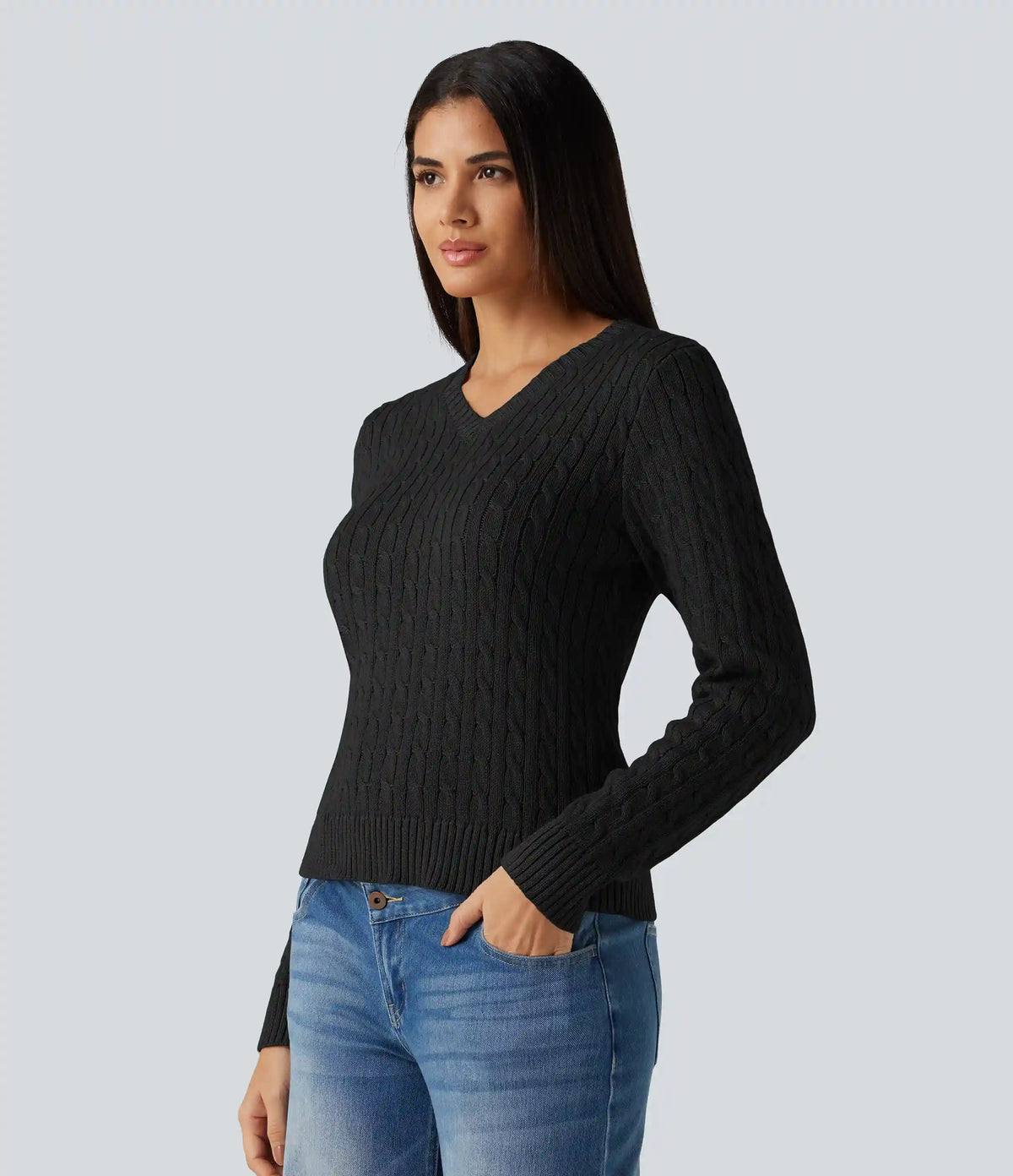 Cable Knit V Neck Long Sleeve Work Sweater