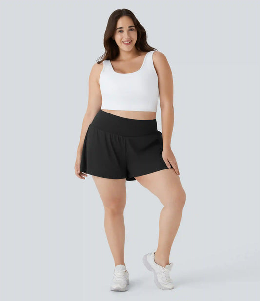 Super High Waisted Pocket & Pocket 2-in-1 Yoga Plus Size Shorts 4''-Longer Length